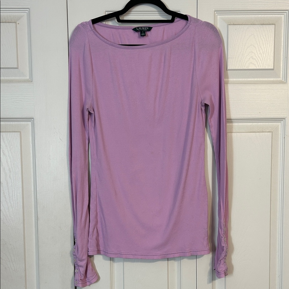 LAUREN RALPH LAUREN Size Medium Purple Ribbed Button Cuff Long Sleeve Top Cotton